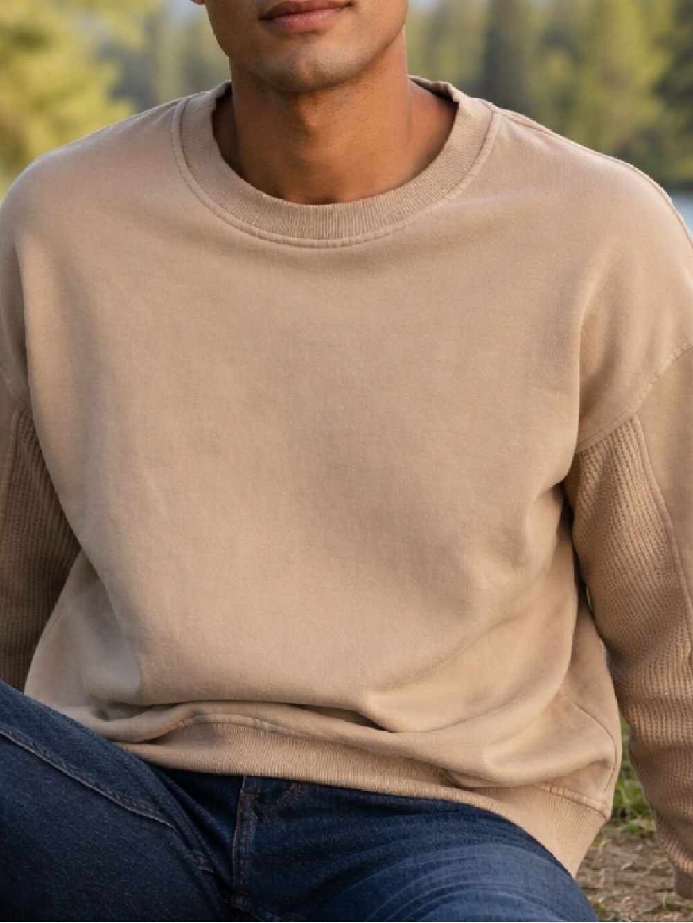 RAE MODE CAMEL OVERSIZED WAFFLE KNIT CREWNECK PULLOVER